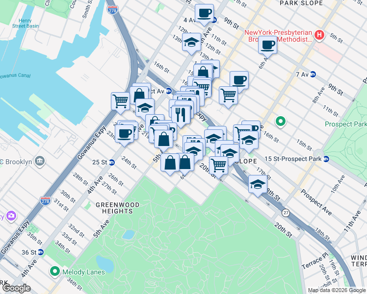 map of restaurants, bars, coffee shops, grocery stores, and more near 267 20th Street in Brooklyn