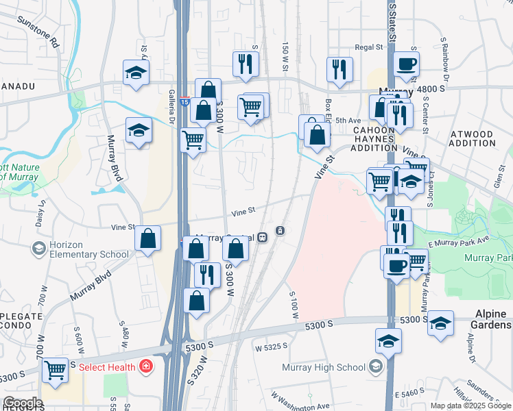 map of restaurants, bars, coffee shops, grocery stores, and more near 196 West Vine Street in Murray