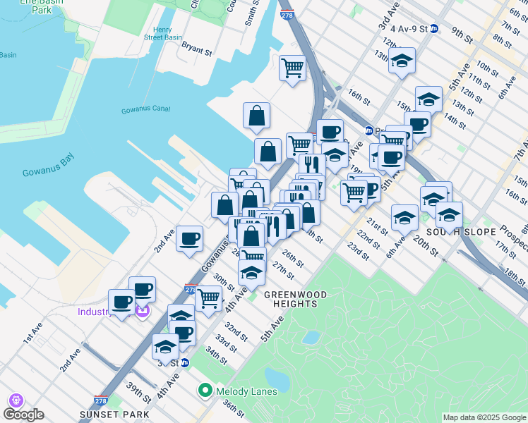 map of restaurants, bars, coffee shops, grocery stores, and more near 900 24th Street in Brooklyn