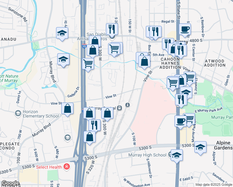 map of restaurants, bars, coffee shops, grocery stores, and more near 202 West Vine Street in Murray