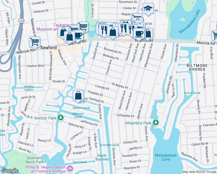 map of restaurants, bars, coffee shops, grocery stores, and more near 107 Saint Marks Place in Massapequa