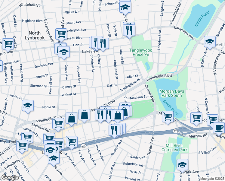 map of restaurants, bars, coffee shops, grocery stores, and more near 62 Oak Street in Lynbrook