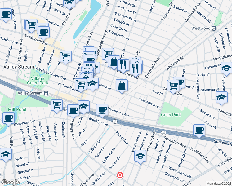 map of restaurants, bars, coffee shops, grocery stores, and more near 85 East Mineola Avenue in Valley Stream