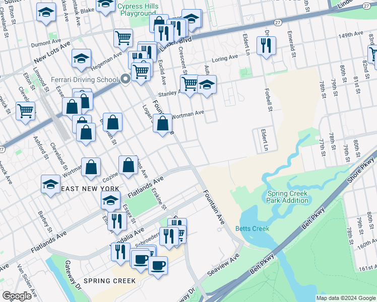 map of restaurants, bars, coffee shops, grocery stores, and more near 692 Cozine Avenue in Brooklyn