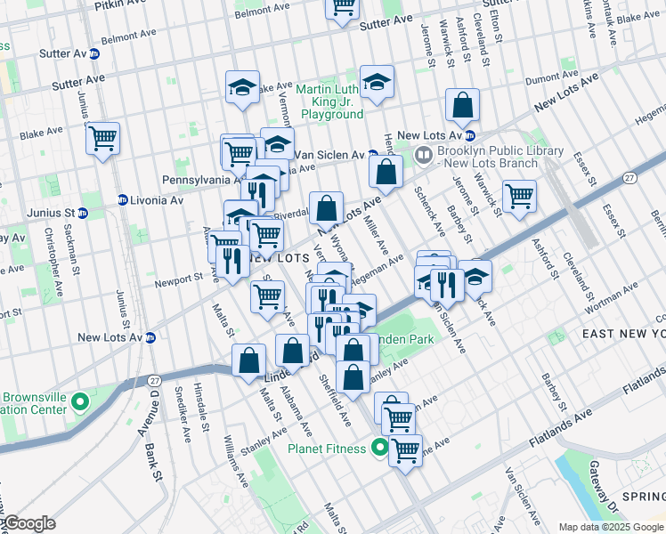 map of restaurants, bars, coffee shops, grocery stores, and more near 674 Wyona Street in Brooklyn