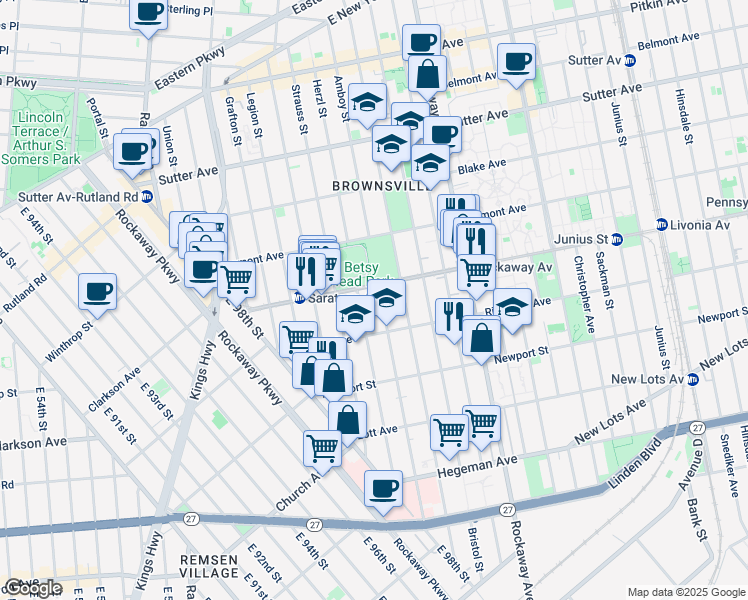 map of restaurants, bars, coffee shops, grocery stores, and more near 166 Livonia Avenue in Brooklyn