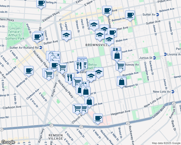 map of restaurants, bars, coffee shops, grocery stores, and more near 2133 Strauss Street in Brooklyn