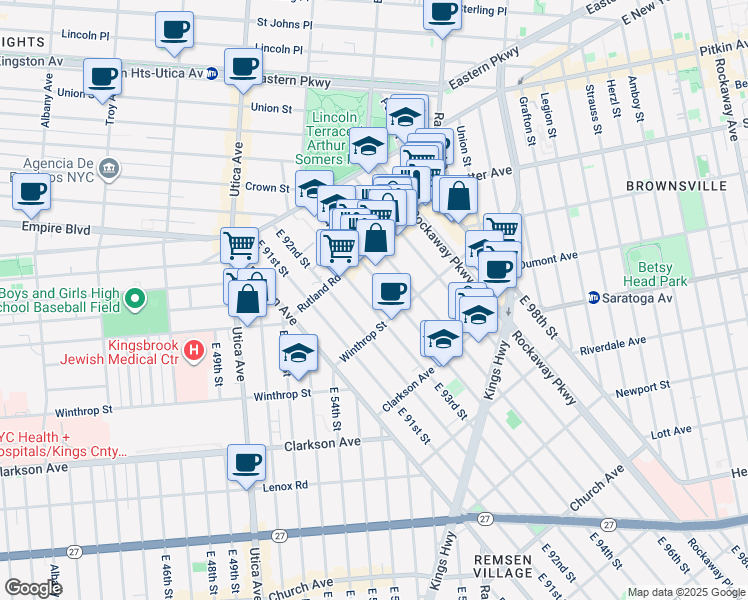 map of restaurants, bars, coffee shops, grocery stores, and more near 131 East 93rd Street in Brooklyn