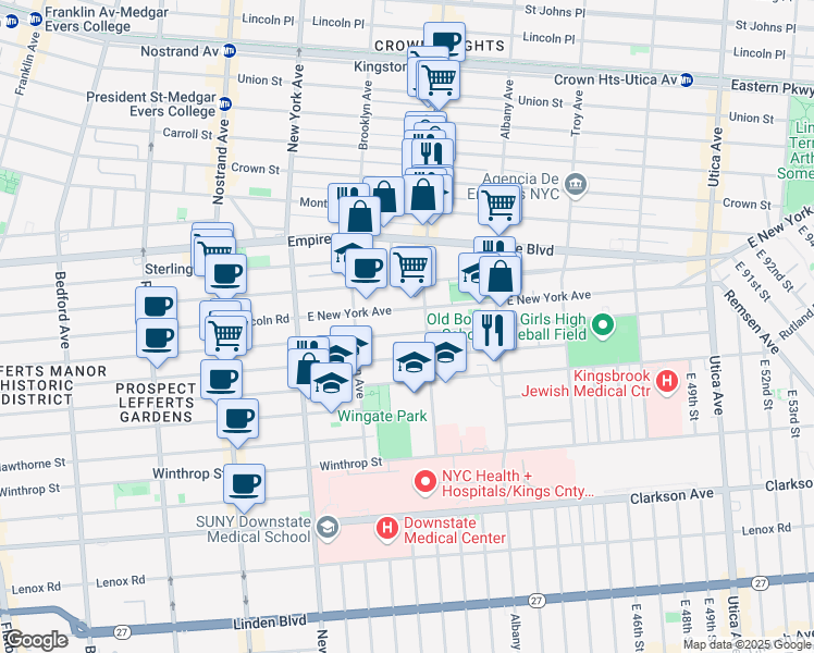 map of restaurants, bars, coffee shops, grocery stores, and more near 571 East New York Avenue in Brooklyn