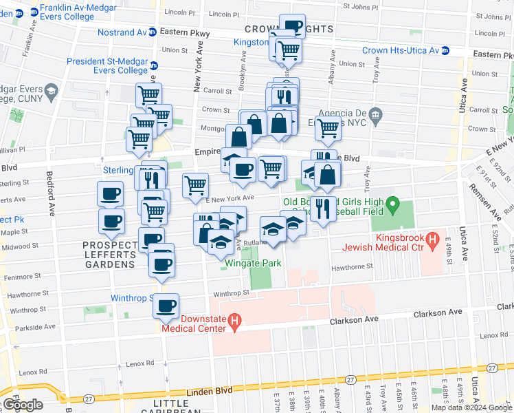 map of restaurants, bars, coffee shops, grocery stores, and more near 571 East New York Avenue in Brooklyn
