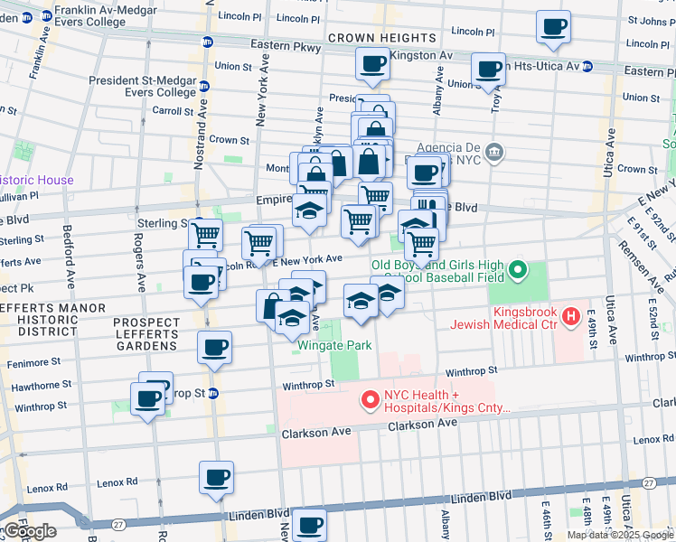 map of restaurants, bars, coffee shops, grocery stores, and more near 571 East New York Avenue in Brooklyn