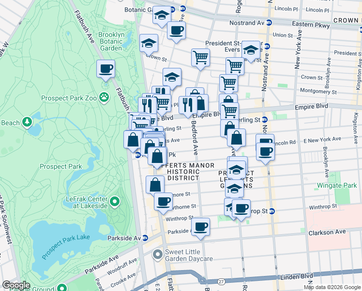 map of restaurants, bars, coffee shops, grocery stores, and more near 67 Lefferts Avenue in Brooklyn