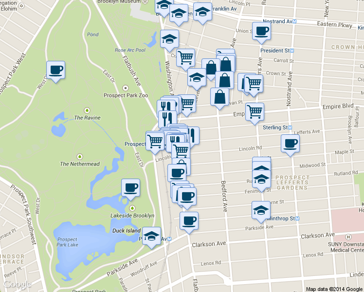 map of restaurants, bars, coffee shops, grocery stores, and more near 25 Lefferts Avenue in Brooklyn