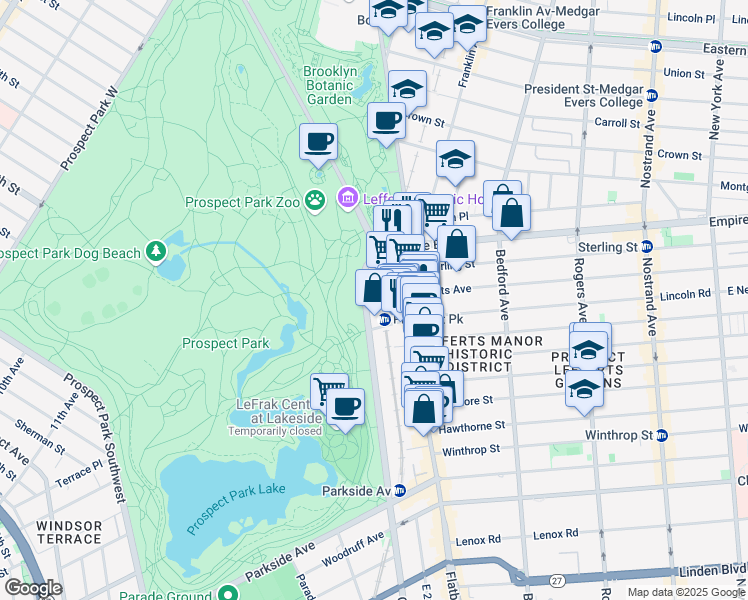 map of restaurants, bars, coffee shops, grocery stores, and more near 496 Flatbush Avenue in Brooklyn