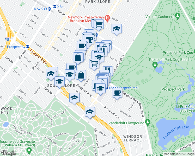 map of restaurants, bars, coffee shops, grocery stores, and more near 423 15th Street in Brooklyn