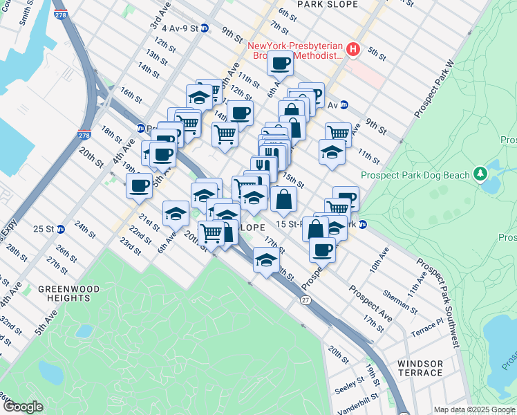 map of restaurants, bars, coffee shops, grocery stores, and more near 373 Prospect Avenue in Brooklyn