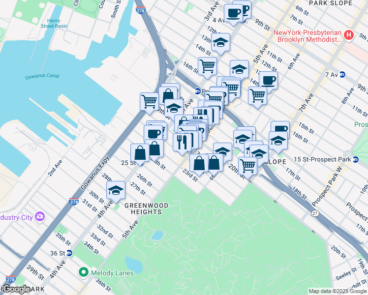 map of restaurants, bars, coffee shops, grocery stores, and more near 696 5th Avenue in Brooklyn