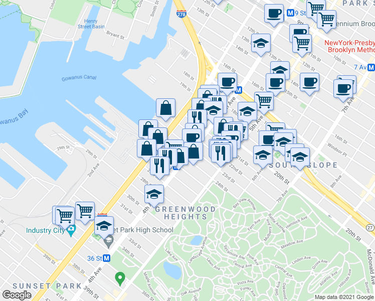 map of restaurants, bars, coffee shops, grocery stores, and more near 148 23rd Street in Brooklyn
