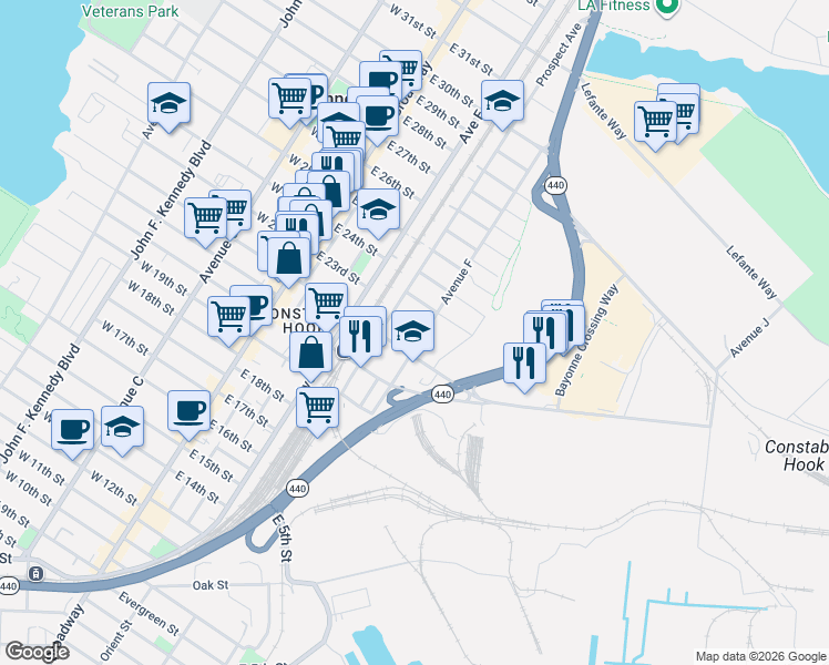 map of restaurants, bars, coffee shops, grocery stores, and more near 151 Avenue F in Bayonne