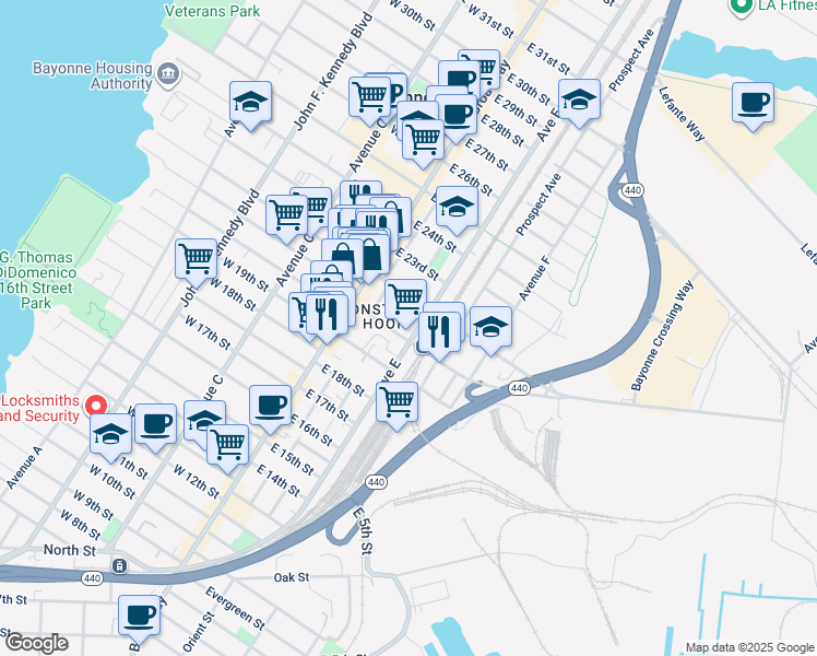map of restaurants, bars, coffee shops, grocery stores, and more near 34 East 22nd Street in Bayonne