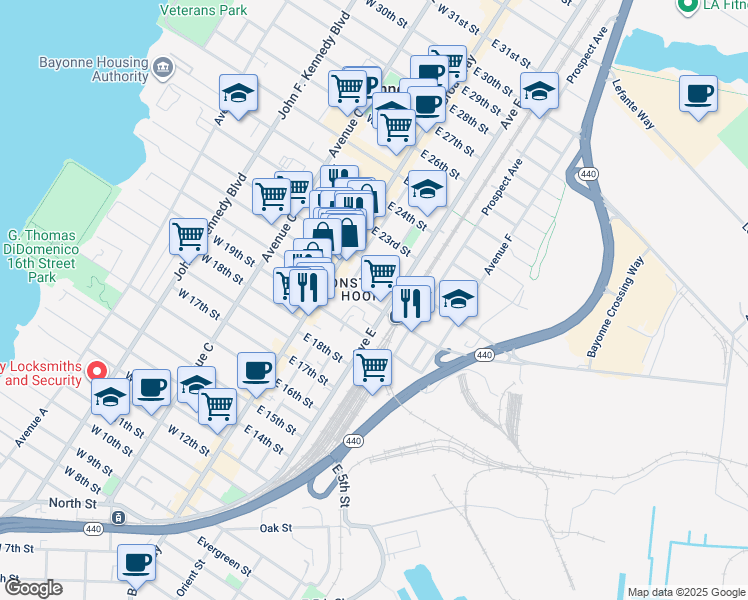 map of restaurants, bars, coffee shops, grocery stores, and more near 34 East 22nd Street in Bayonne