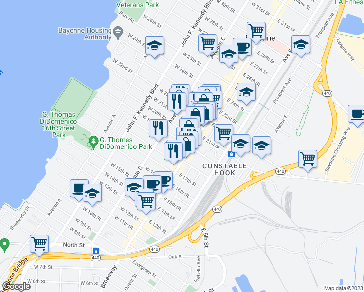 map of restaurants, bars, coffee shops, grocery stores, and more near 17 West 19th Street in Bayonne