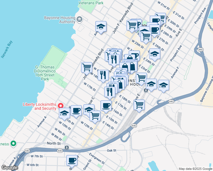 map of restaurants, bars, coffee shops, grocery stores, and more near 45 West 18th Street in Bayonne