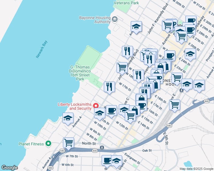 map of restaurants, bars, coffee shops, grocery stores, and more near 401 Avenue A in Bayonne
