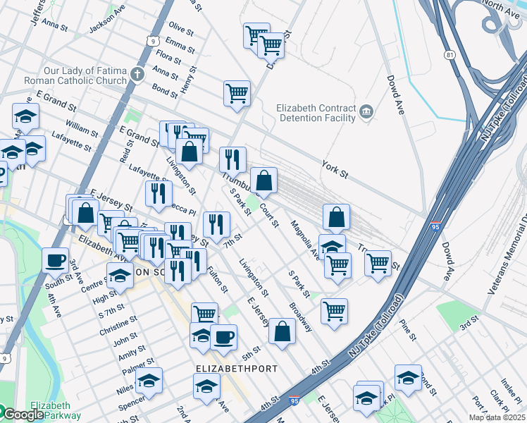 map of restaurants, bars, coffee shops, grocery stores, and more near 720-722 Trumbull Street in Elizabeth