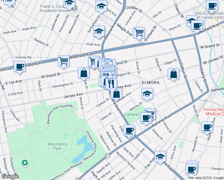 map of restaurants, bars, coffee shops, grocery stores, and more near in Elizabeth