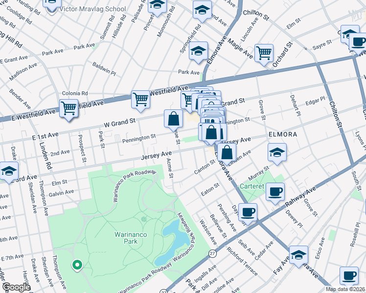 map of restaurants, bars, coffee shops, grocery stores, and more near 171 Bellevue Street in Elizabeth