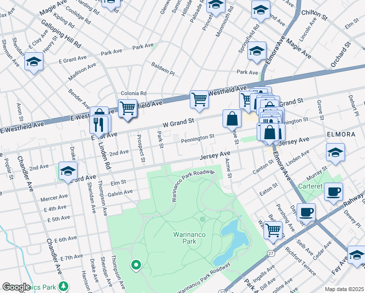 map of restaurants, bars, coffee shops, grocery stores, and more near 925 Pennington Street in Elizabeth
