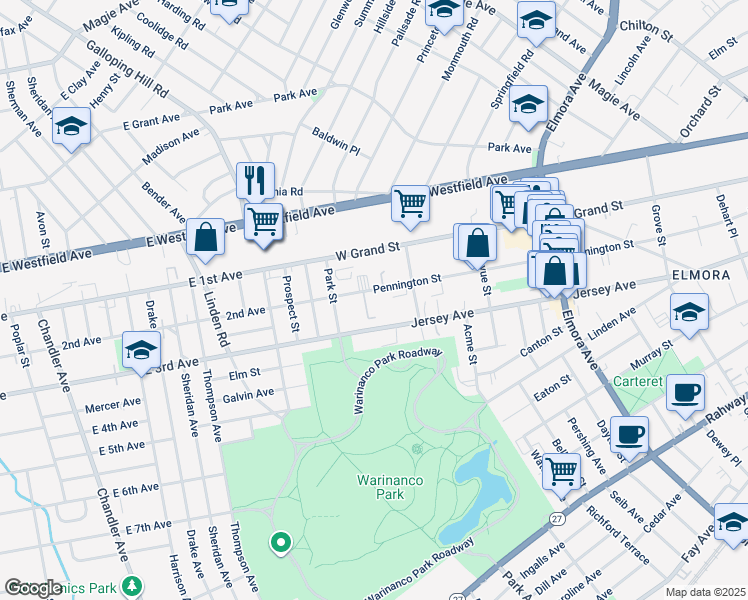 map of restaurants, bars, coffee shops, grocery stores, and more near 925 Pennington Street in Elizabeth