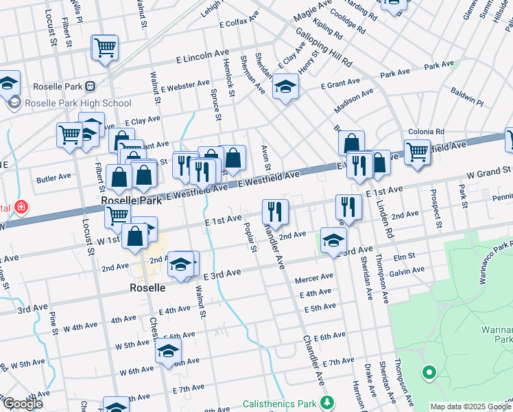 map of restaurants, bars, coffee shops, grocery stores, and more near 240-258 East Westfield Avenue in Roselle Park