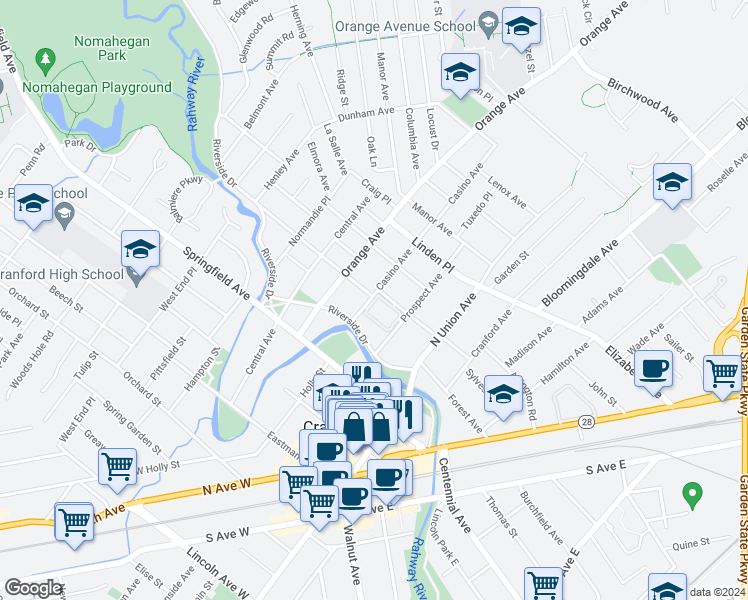 map of restaurants, bars, coffee shops, grocery stores, and more near 214 Claremont Place in Cranford