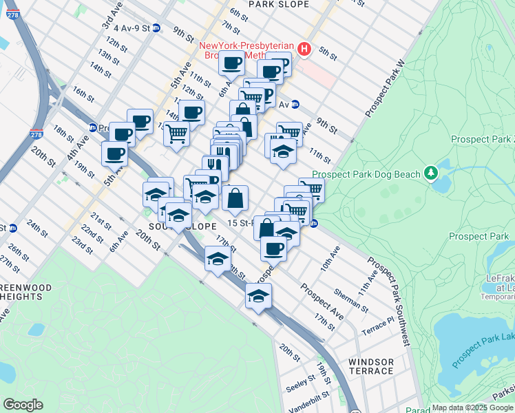 map of restaurants, bars, coffee shops, grocery stores, and more near 1601 8th Avenue in Brooklyn