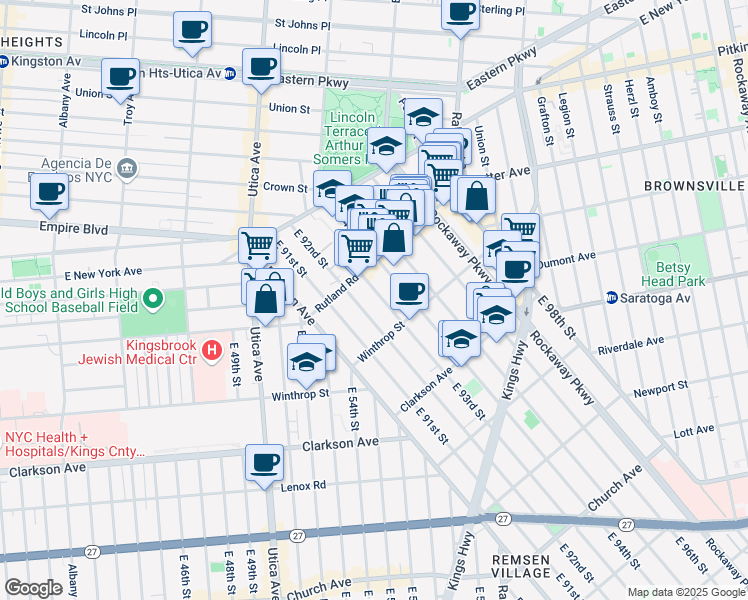 map of restaurants, bars, coffee shops, grocery stores, and more near 131 East 93rd Street in Brooklyn