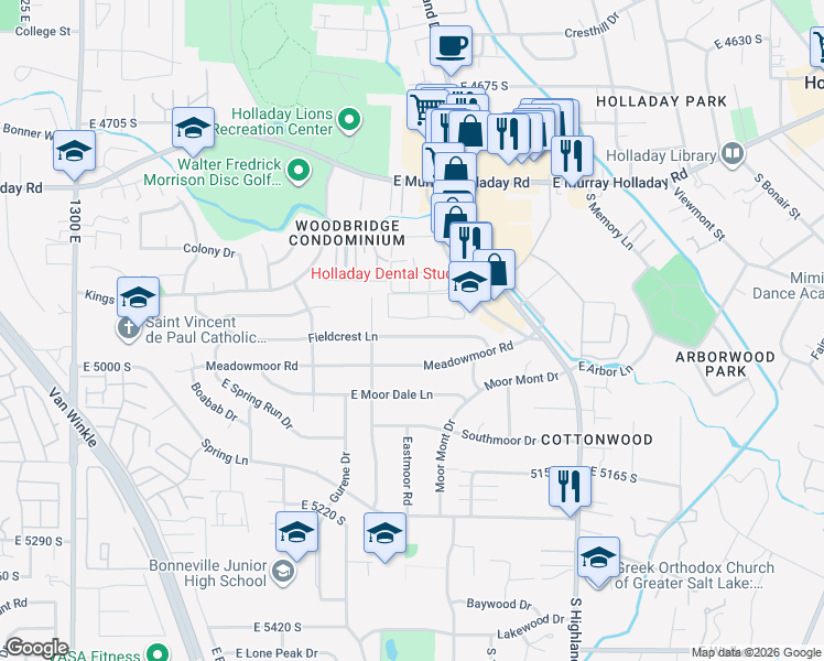 map of restaurants, bars, coffee shops, grocery stores, and more near 1771 Fieldcrest Lane in Holladay