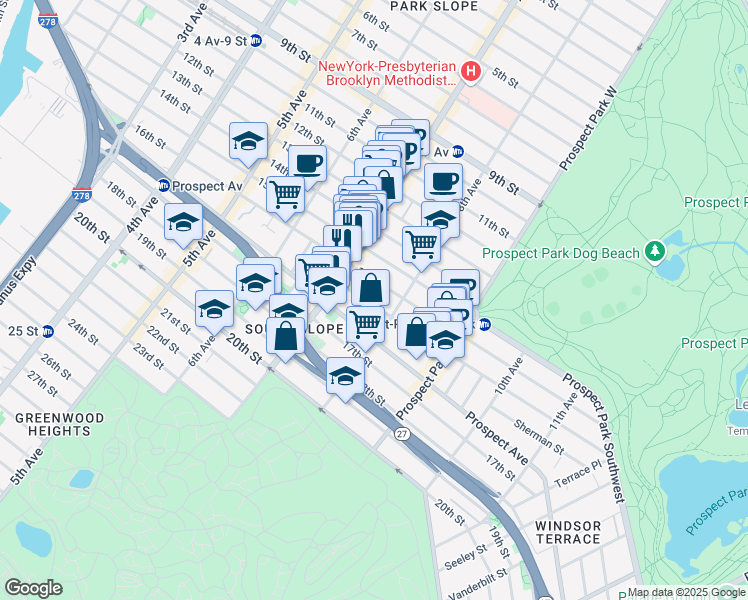 map of restaurants, bars, coffee shops, grocery stores, and more near 43 Windsor Place in Brooklyn