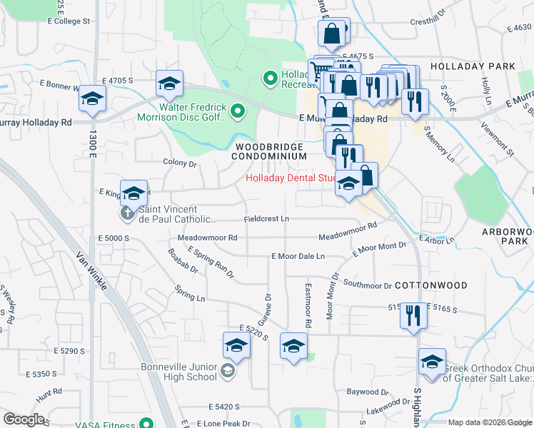 map of restaurants, bars, coffee shops, grocery stores, and more near 1691 Fieldcrest Lane in Salt Lake City