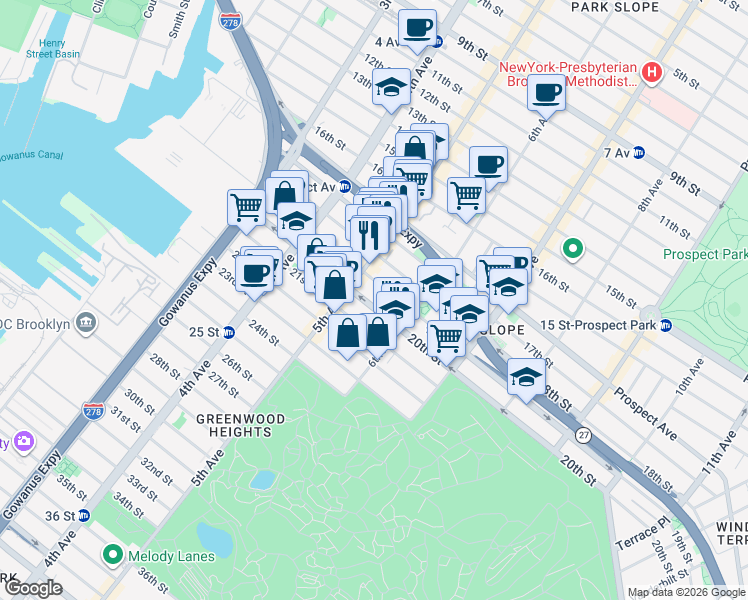 map of restaurants, bars, coffee shops, grocery stores, and more near 265 20th Street in Brooklyn