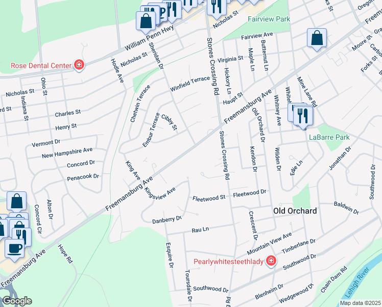 map of restaurants, bars, coffee shops, grocery stores, and more near 4004 Freemansburg Avenue in Easton