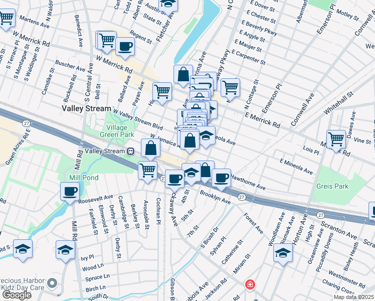map of restaurants, bars, coffee shops, grocery stores, and more near 174 Rockaway Avenue in Valley Stream