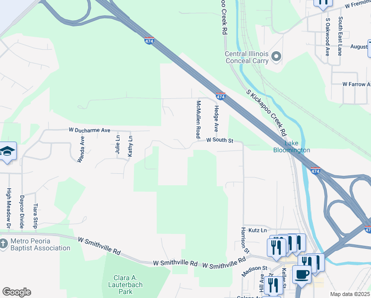 map of restaurants, bars, coffee shops, grocery stores, and more near 4335 West South Street in Bartonville