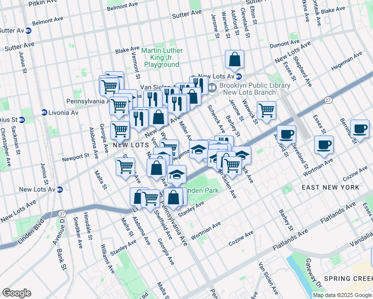 map of restaurants, bars, coffee shops, grocery stores, and more near 637 Hegeman Avenue in Brooklyn