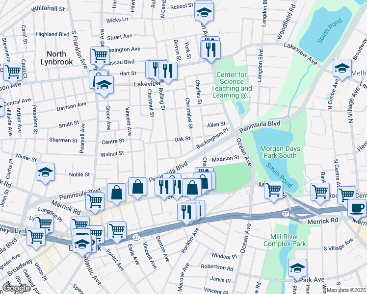 map of restaurants, bars, coffee shops, grocery stores, and more near 62 Oak Street in Lynbrook
