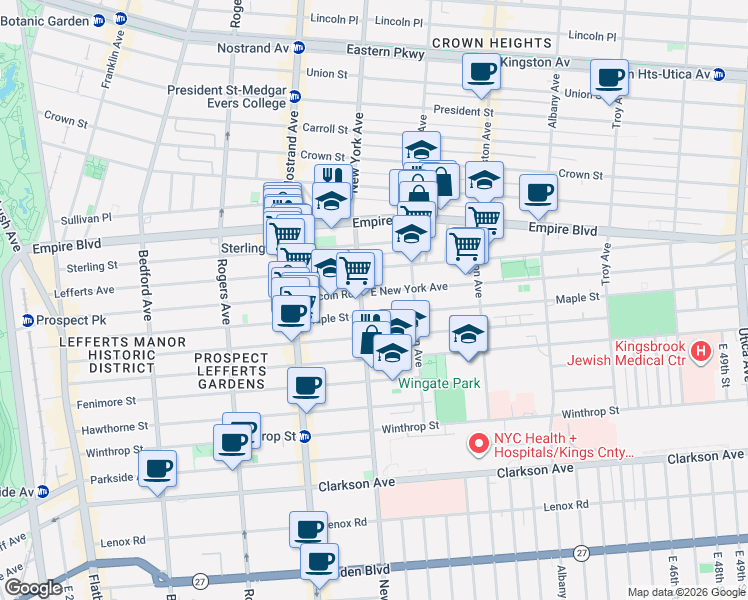 map of restaurants, bars, coffee shops, grocery stores, and more near 473 East New York Avenue in Brooklyn