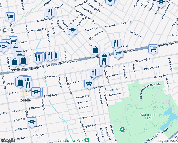map of restaurants, bars, coffee shops, grocery stores, and more near 513 East 1st Avenue in Roselle