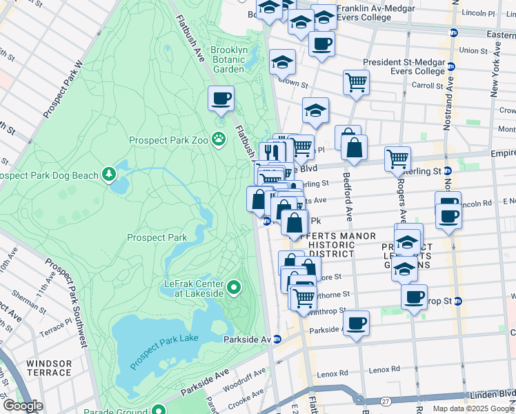 map of restaurants, bars, coffee shops, grocery stores, and more near 65 Ocean Avenue in Brooklyn