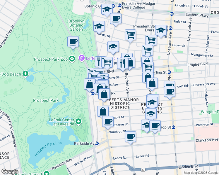 map of restaurants, bars, coffee shops, grocery stores, and more near 50 Lefferts Avenue in Brooklyn